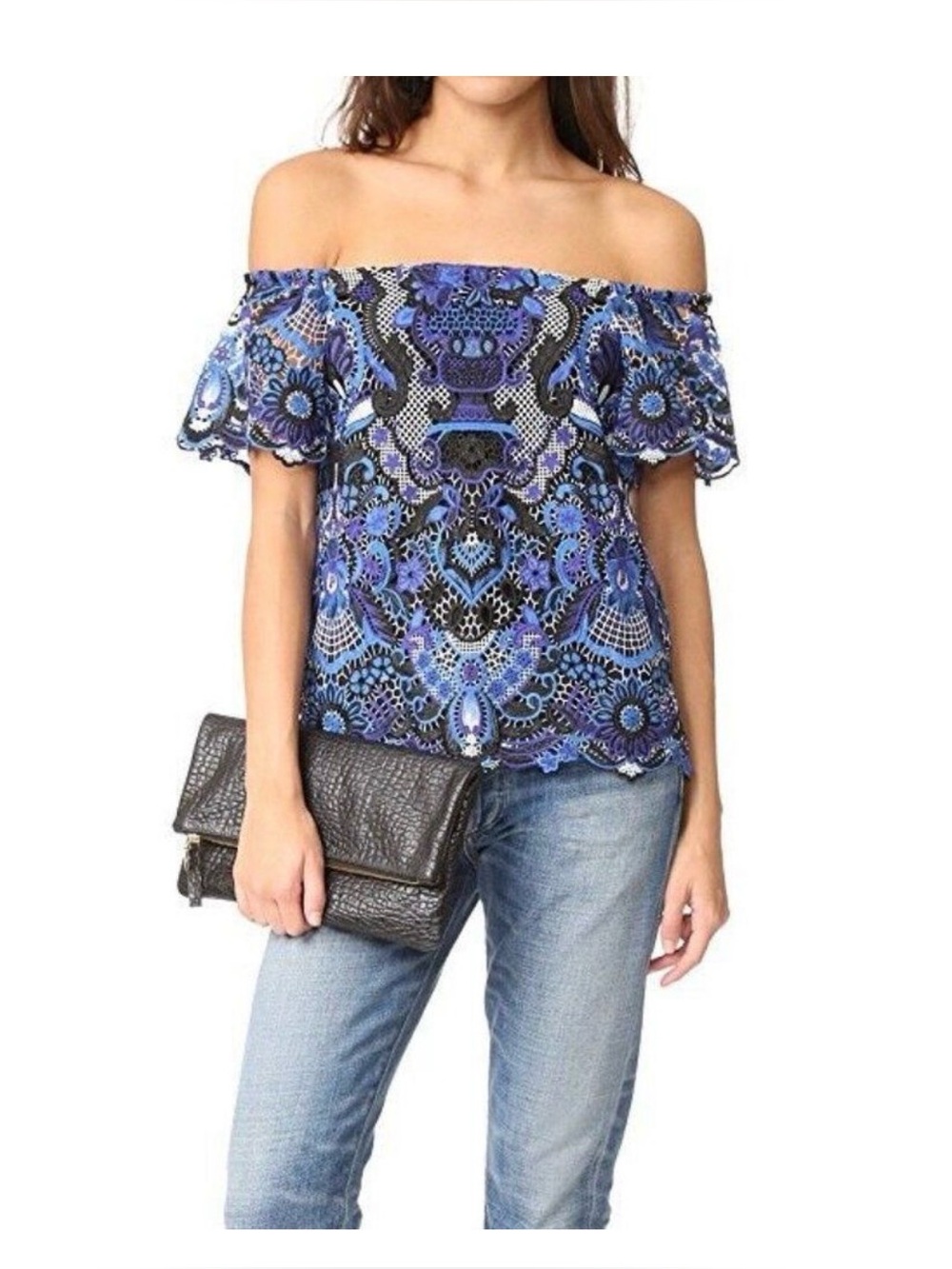 Alice + Olivia Maxie Guipure Lace Embroidered Off Shoulder Top Blue Black